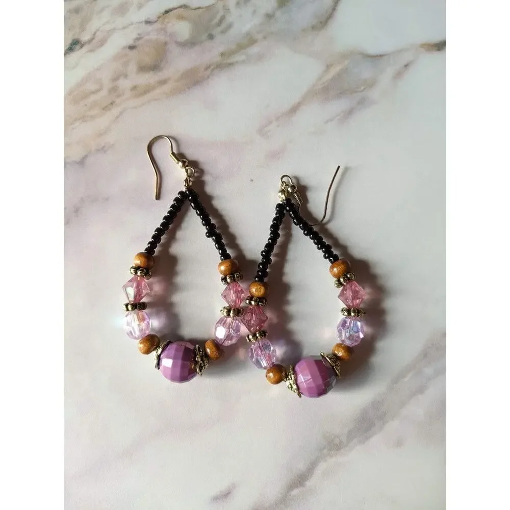 Purple and black beaded fish hook earrings